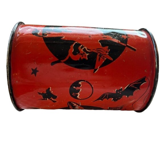 Vintage U.S. Metal Toy Halloween Tin Can Rattle Noisemaker Witch Pumpkin Spooky - Picture 4 of 11